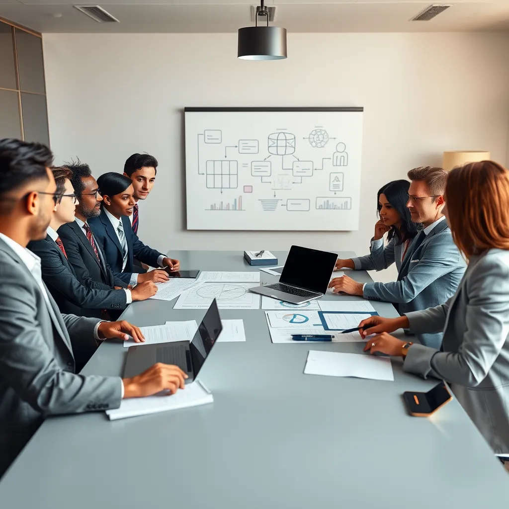 A photorealistic image of a diverse group of business professionals, dressed in sharp suits, gathered around a large conference table in a modern office setting. The table is filled with documents, laptops, and a whiteboard covered in strategic diagrams.  The lighting is soft and diffused, creating a warm and inviting atmosphere.  The focus is on the group's engaged and collaborative discussion, highlighting the dynamic energy of brainstorming and strategy development. Render this image in 8K resolution, with ultra-detailed textures and sharp focus on the faces of the participants, capturing the intensity of their commitment to strategic planning.  The color palette should evoke a sense of confidence and clarity, with hues of deep blues, warm greens, and subtle hints of gold.  The overall mood should be one of focused determination and optimism for the future.